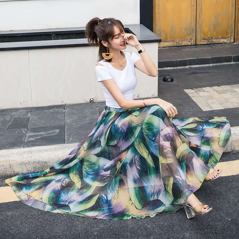 オフィスカジュアル  花柄シフォンマキシスカート