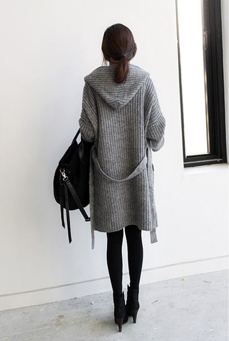 オフィスカジュアル 秋冬女性用ニット羽織りアウター フード付きロング丈ゆったり編み上げ