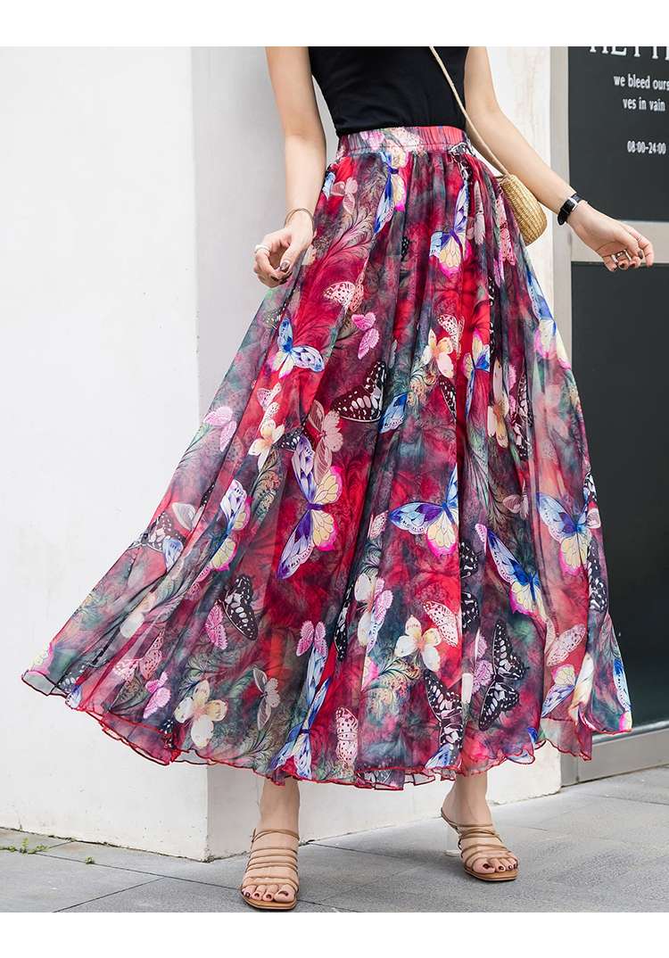 オフィスカジュアル  花柄シフォンマキシスカート