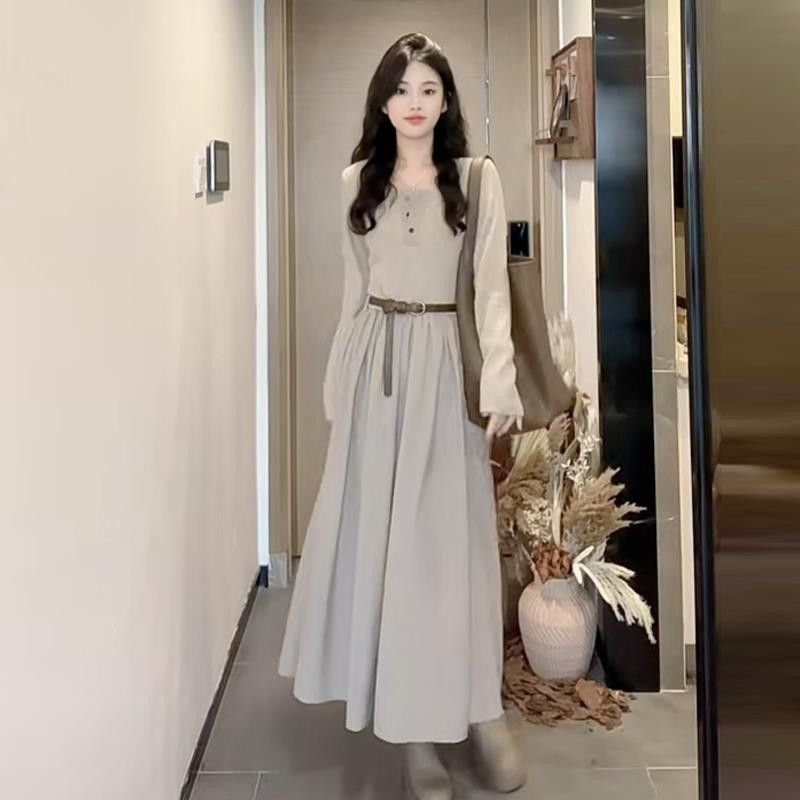 レディース オフィスカジュアル シンプル優美 ロング丈フレアワンピース