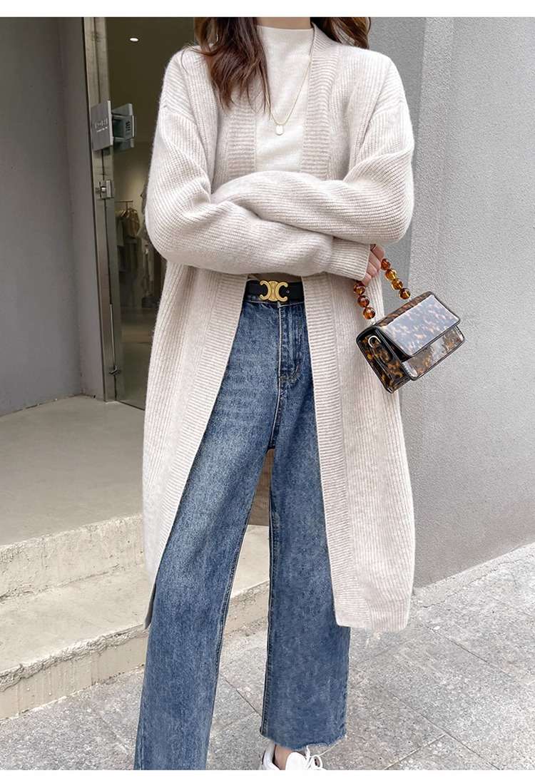 オフィスカジュアル リブ編みロングカーディガン