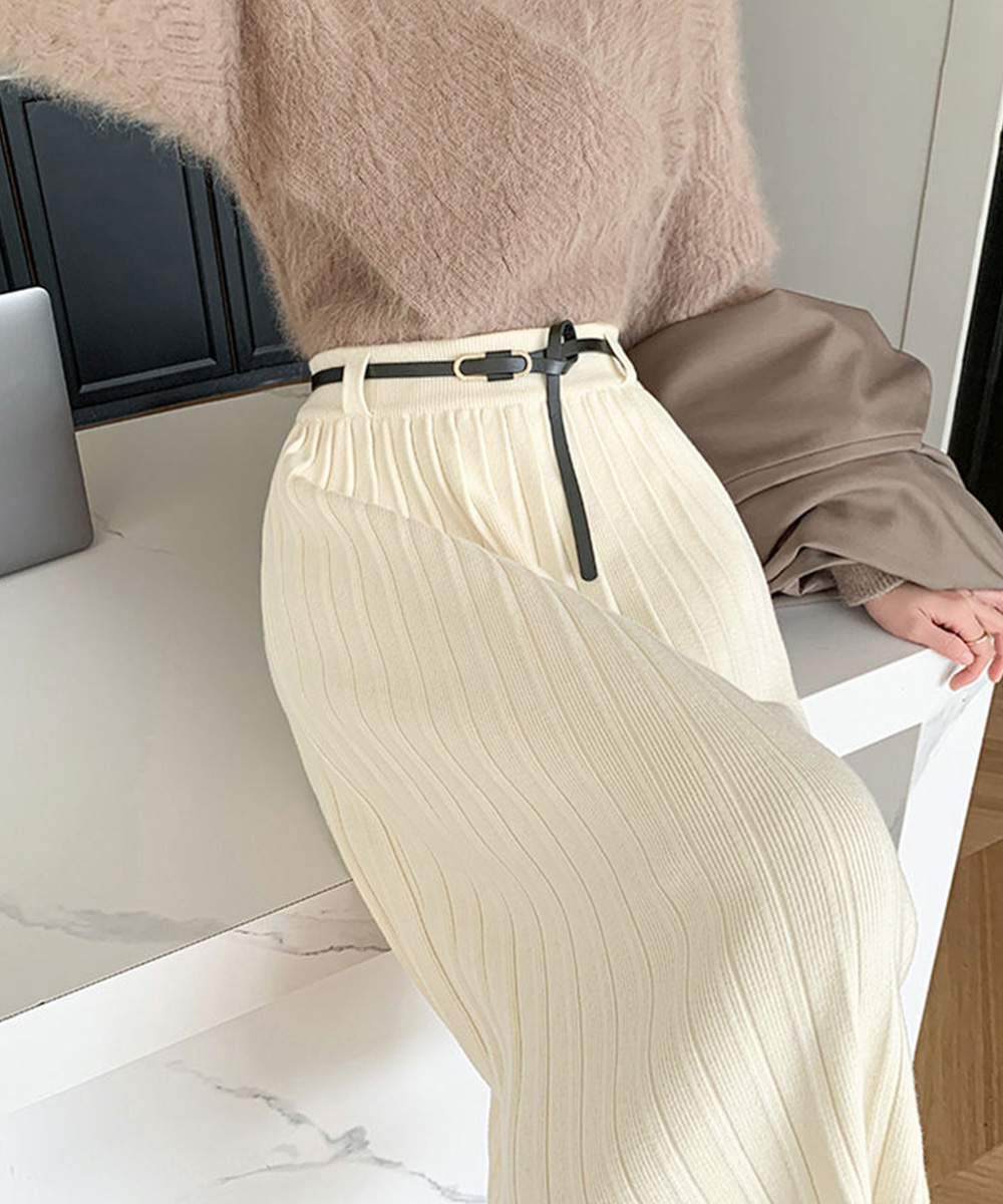 オフィスカジュアル ベルト付きハイウエストプリーツニットスカート