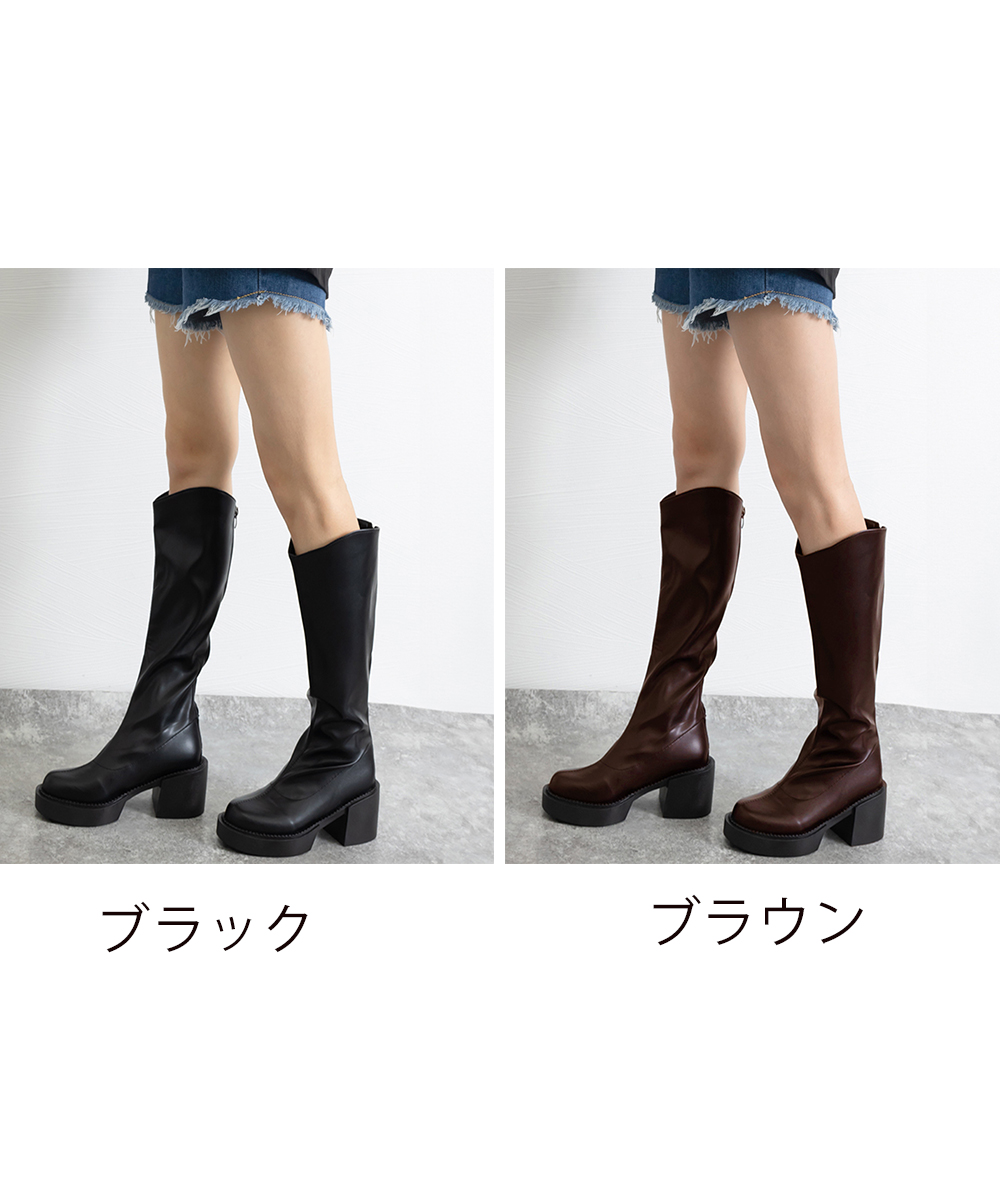 オフィスカジュアル厚底太ヒールロングブーツ秋冬レディース靴
