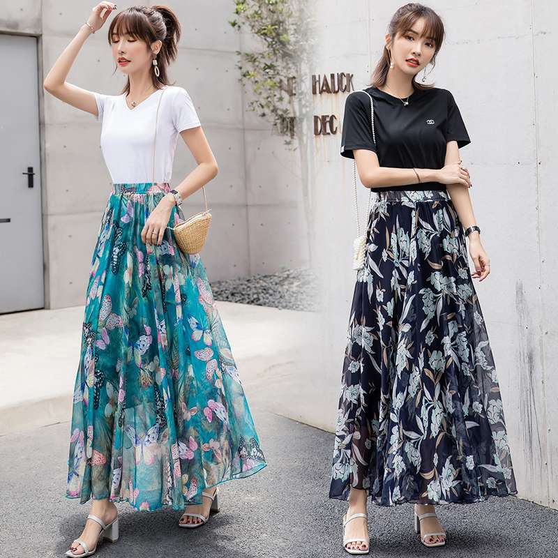 オフィスカジュアル  花柄シフォンマキシスカート