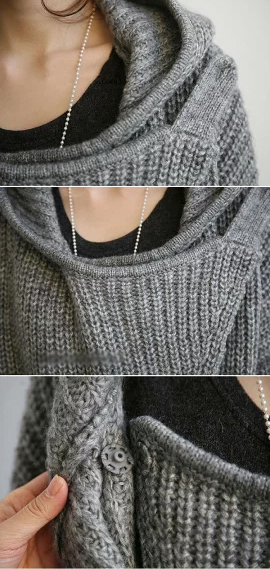 オフィスカジュアル 秋冬女性用ニット羽織りアウター フード付きロング丈ゆったり編み上げ