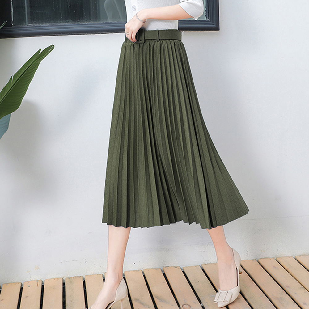 オフィスカジュアルベルト付きプリーツスカート ミモレ丈 大人女性向け上品デザイン