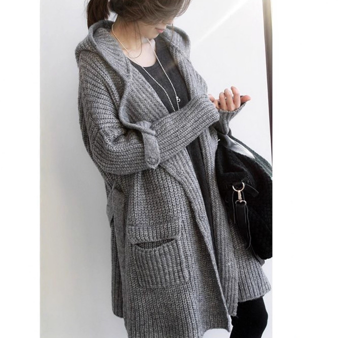オフィスカジュアル 秋冬女性用ニット羽織りアウター フード付きロング丈ゆったり編み上げ