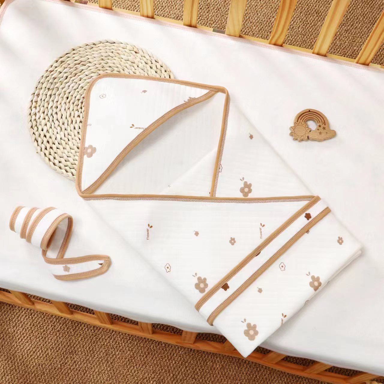  花柄刺繍入り新生児用おくるみ退院セット