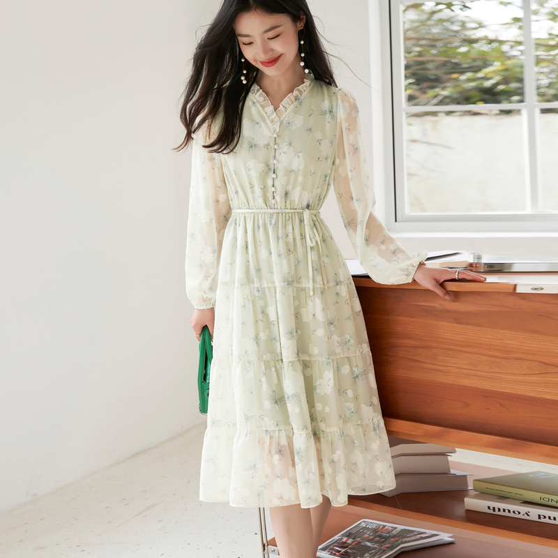 大人ワンピース ロング 花柄シフォンティアードロングワンピース