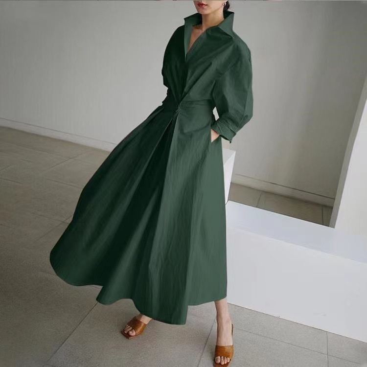 大人ワンピース ロング シンプル上質プリーツギャザーワンピース