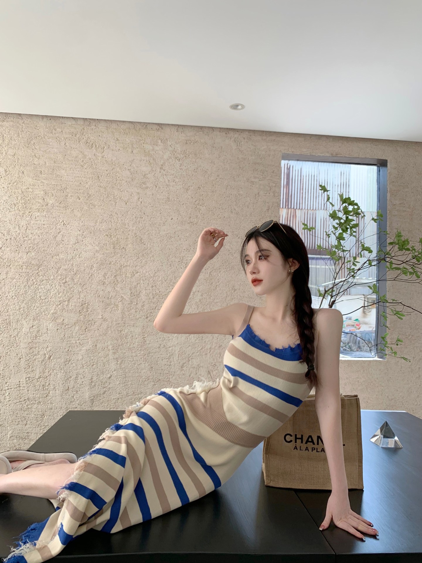 大人ワンピース ロング アシンメトリーストライプキャミワンピース