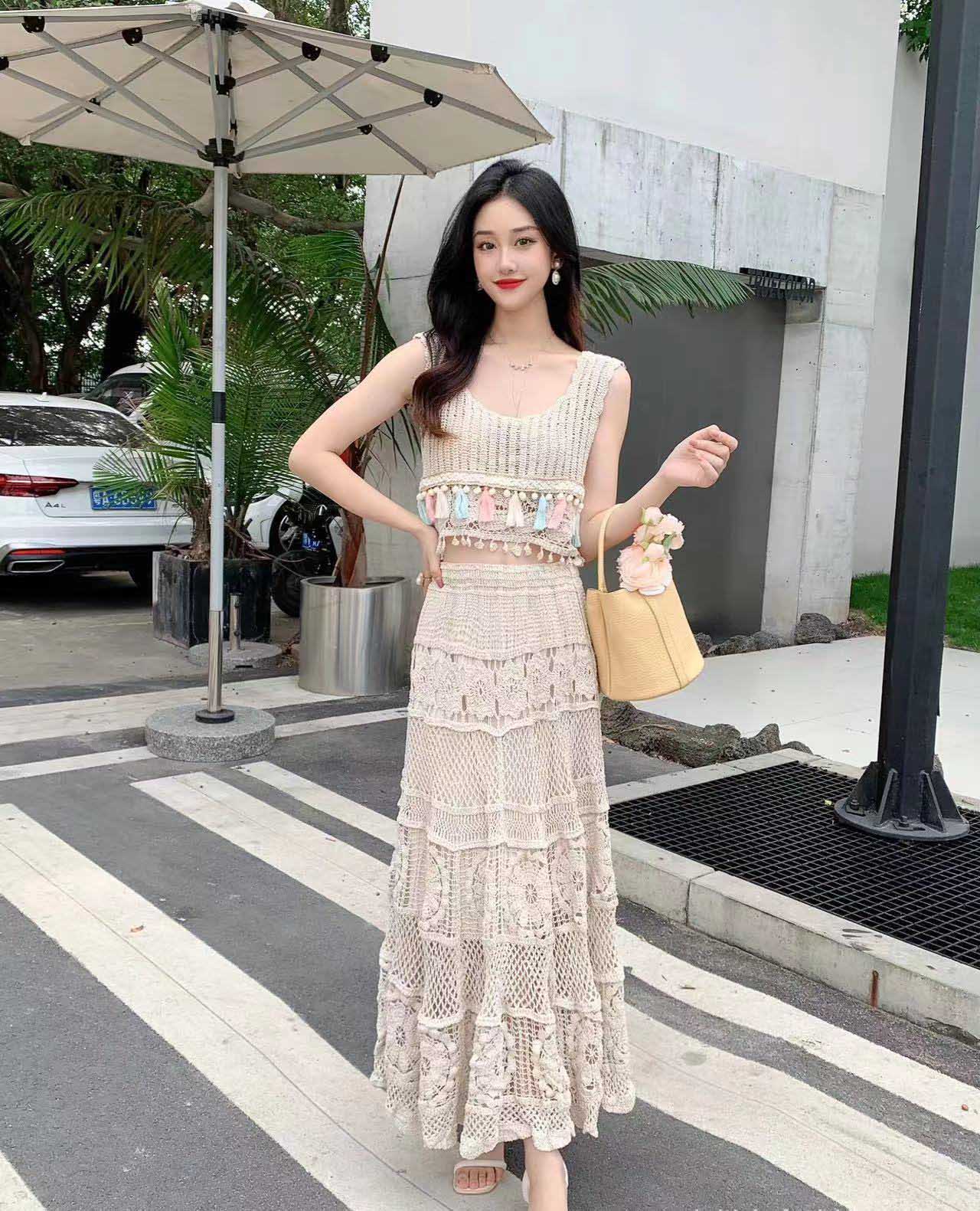 大人ワンピース 透かし編みニット ロングワンピース フリンジ付き