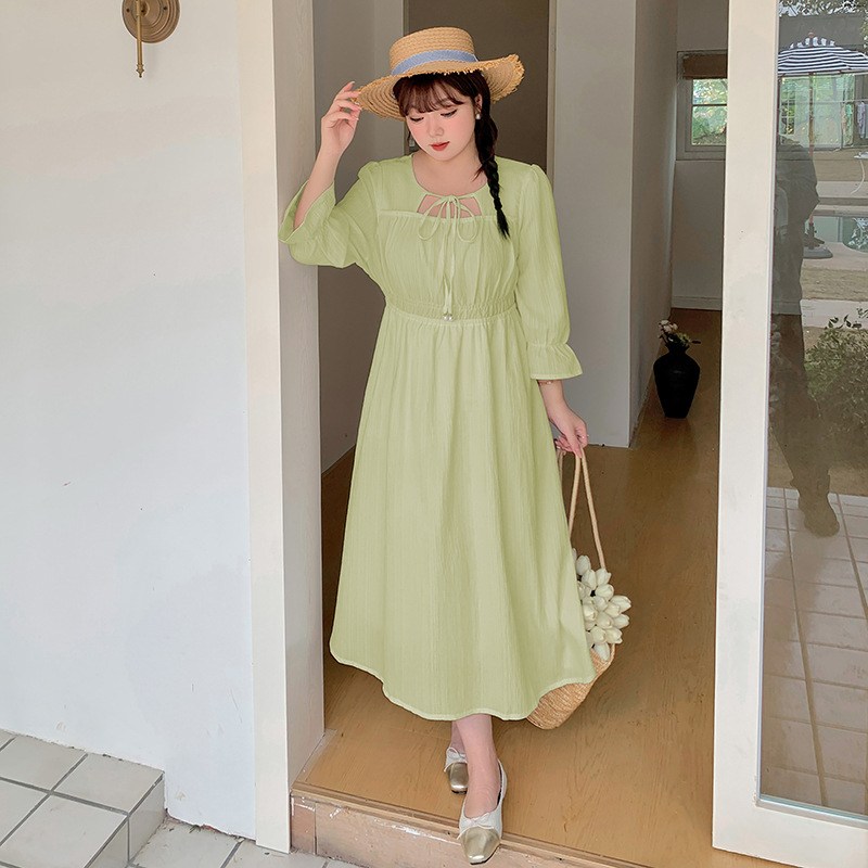 大人ワンピース ロング 優美シルエット 七分袖リボンワンピース