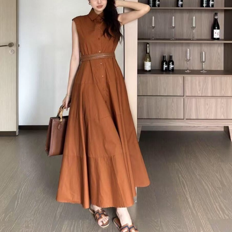 大人ワンピース ロング 編み込みベルト付きシャツワンピース