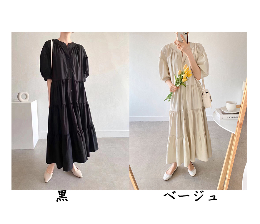 大人ワンピース 春夏新作 無地ブイネック ティアードワンピース 二の腕カバー