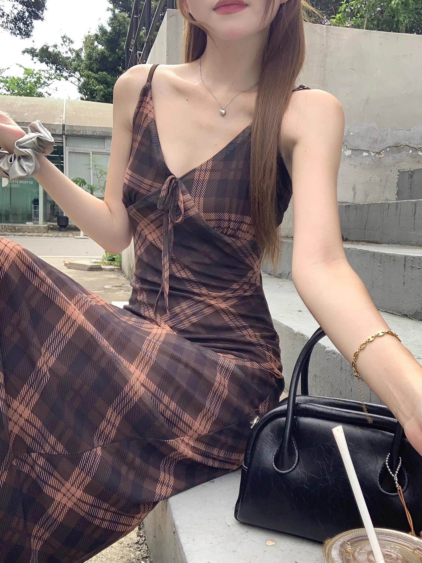 大人ワンピース ロング 格子柄キャミソールロングワンピース