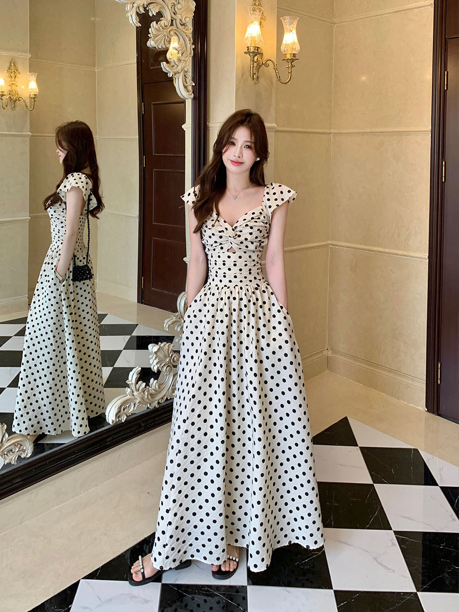 大人ワンピース ロング フリルドット柄ロングワンピース