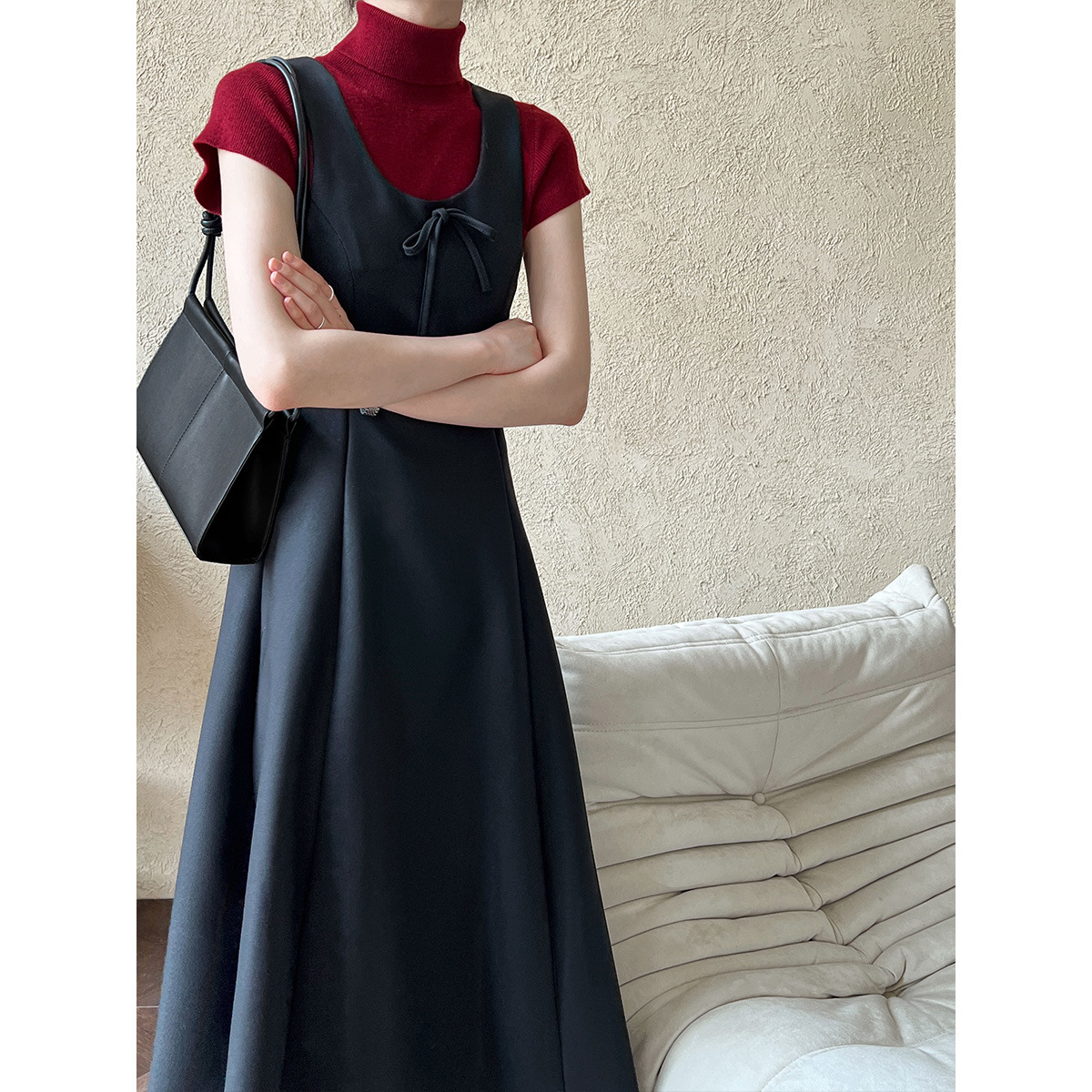 大人ワンピース ロング 上品リボン付きウエストタイトロングワンピース