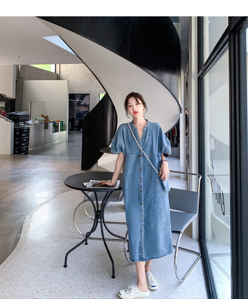 大人ワンピース ロング ノーカラーデニムワンピース