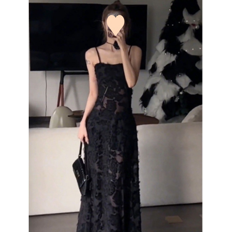 大人ワンピース ロング フロッキー加工レースキャミソールワンピース