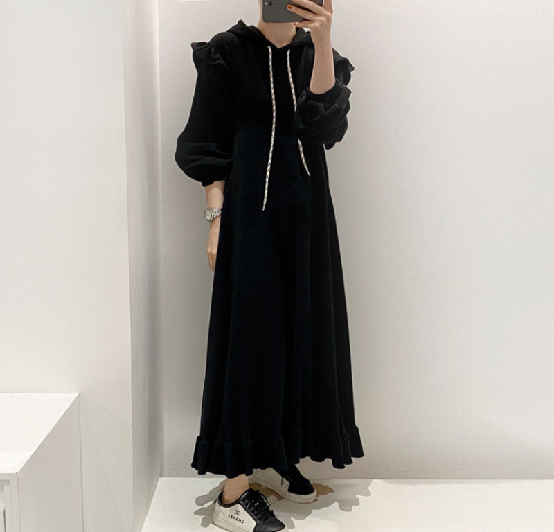 大人ワンピース フード付きフリルワンピース長袖ロング丈大人上品