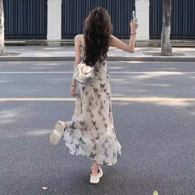 大人ワンピース ロング 蝶々柄シフォンロングワンピース