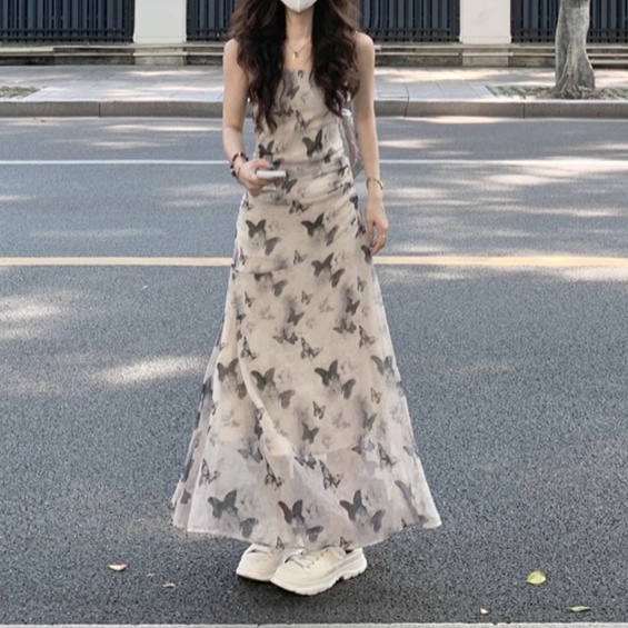 大人ワンピース ロング 蝶々柄シフォンロングワンピース