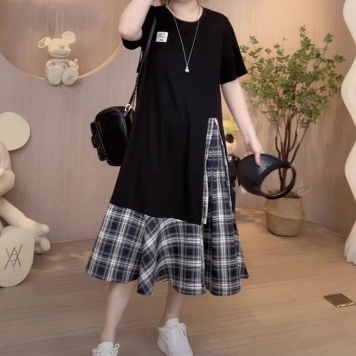 大人ワンピース ロング 格子柄切替 ゆったりロングワンピース
