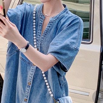 大人ワンピース ロング ノーカラーデニムワンピース