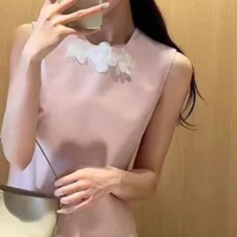 大人ワンピース ロング 花飾りプリーツノースリーブロングワンピース