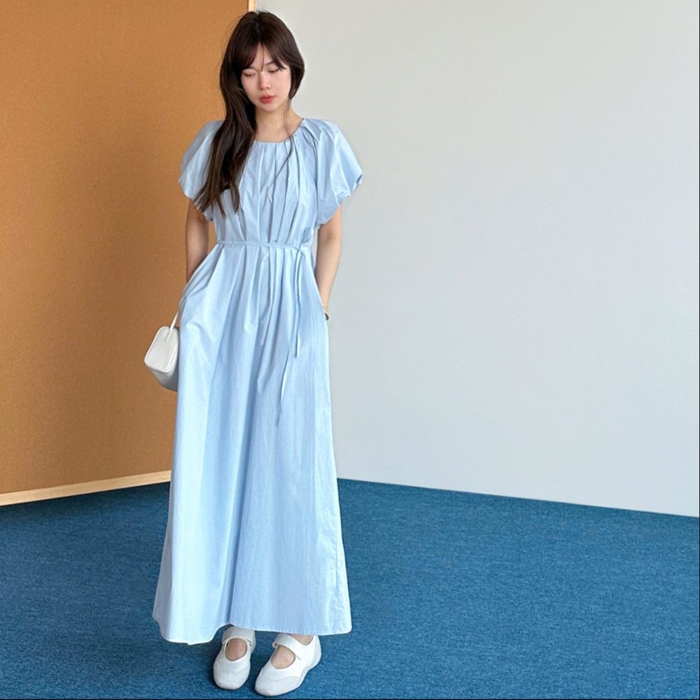 大人ワンピース ロング プリーツネック 清楚ロングワンピース
