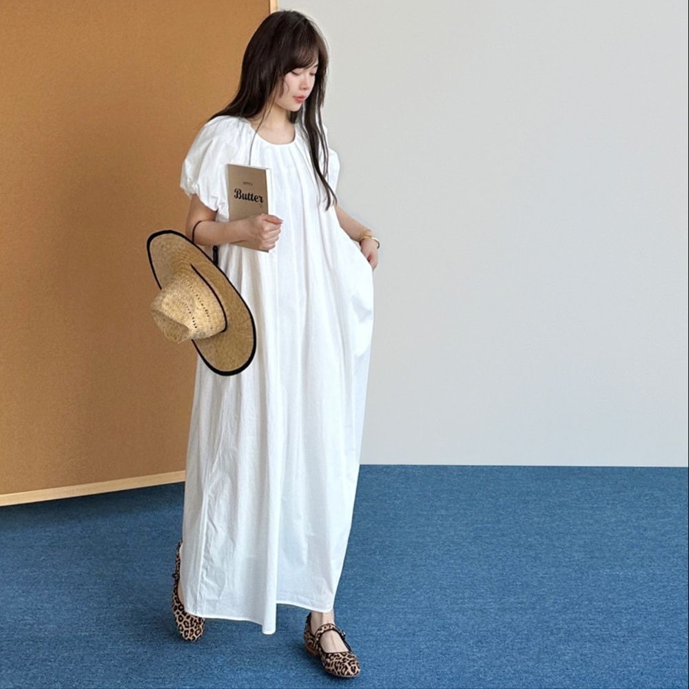 大人ワンピース ロング プリーツネック 清楚ロングワンピース
