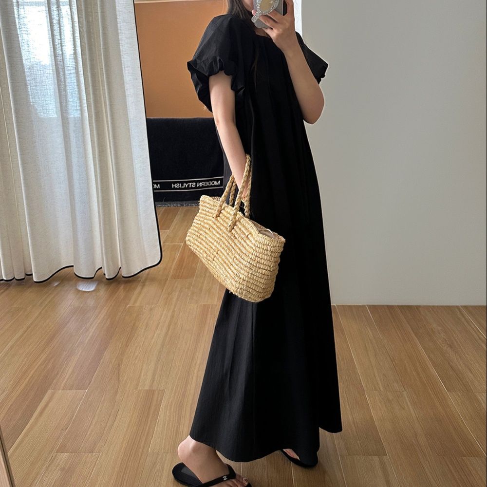 大人ワンピース ロング プリーツネック 清楚ロングワンピース