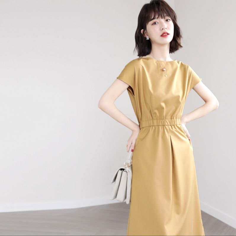 大人ワンピース ロング 上品シルエット ウエストギャザーロングワンピース