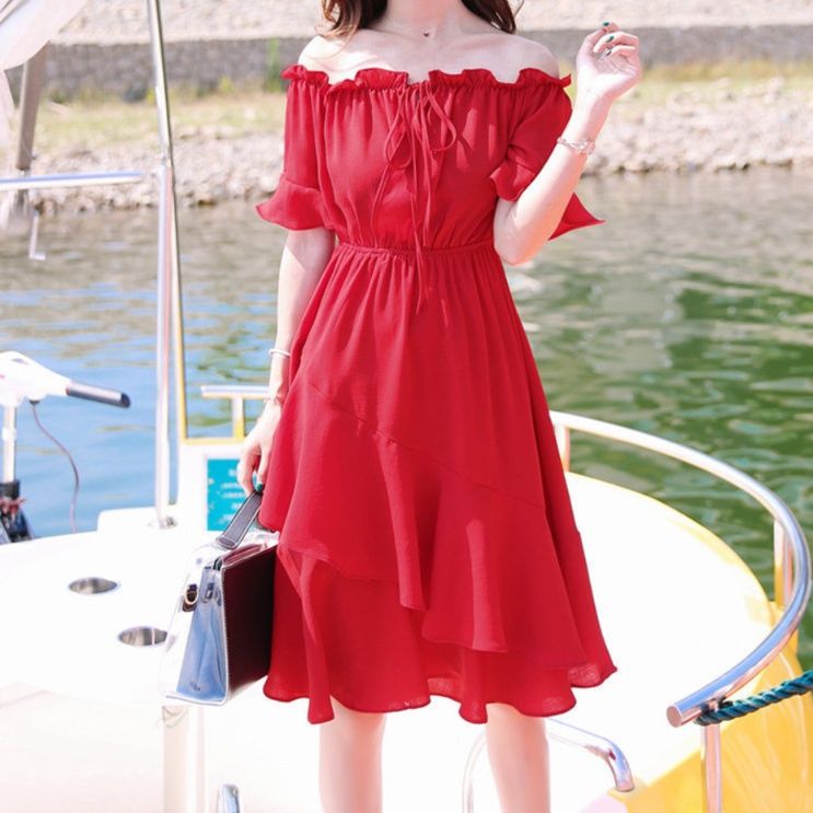 大人ワンピース ロング 優美なフリル肩出しロングワンピース