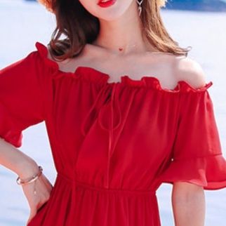 大人ワンピース ロング 優美なフリル肩出しロングワンピース