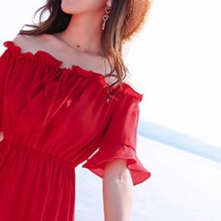 大人ワンピース ロング 優美なフリル肩出しロングワンピース