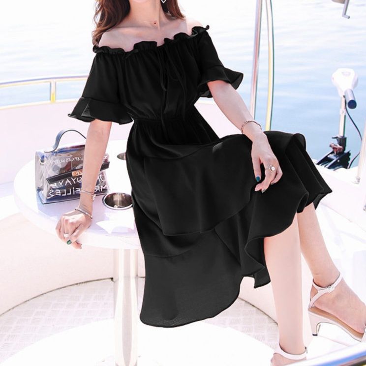 大人ワンピース ロング 優美なフリル肩出しロングワンピース