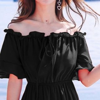 大人ワンピース ロング 優美なフリル肩出しロングワンピース
