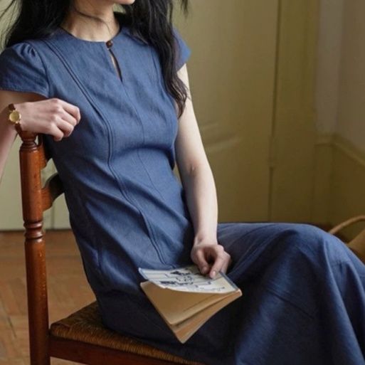 大人ワンピース ロング 上品キーネックロングワンピース