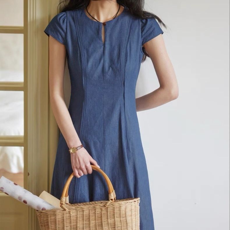 大人ワンピース ロング 上品キーネックロングワンピース