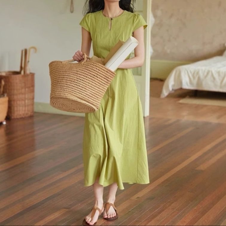 大人ワンピース ロング 上品キーネックロングワンピース