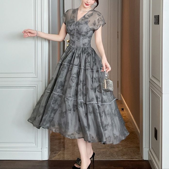 大人ワンピース ロング 優美シルエット 蝶柄シアーロングワンピース