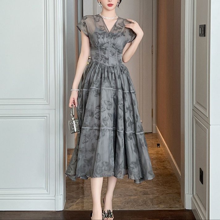 大人ワンピース ロング 優美シルエット 蝶柄シアーロングワンピース