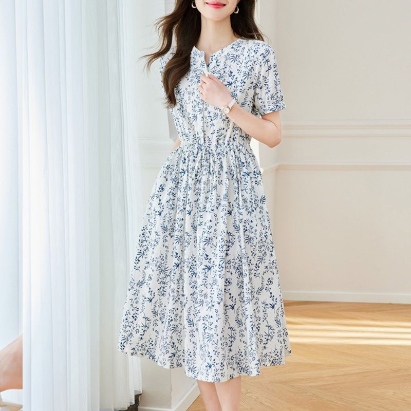 大人ワンピース ロング 優美な花柄ギャザーロングワンピース