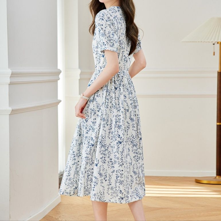 大人ワンピース ロング 優美な花柄ギャザーロングワンピース