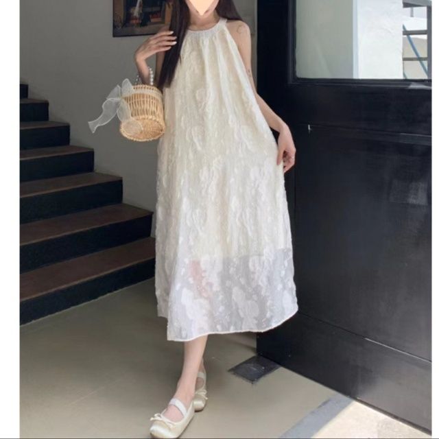 大人ワンピース ロング 立体刺繍ホルターネックロングワンピース