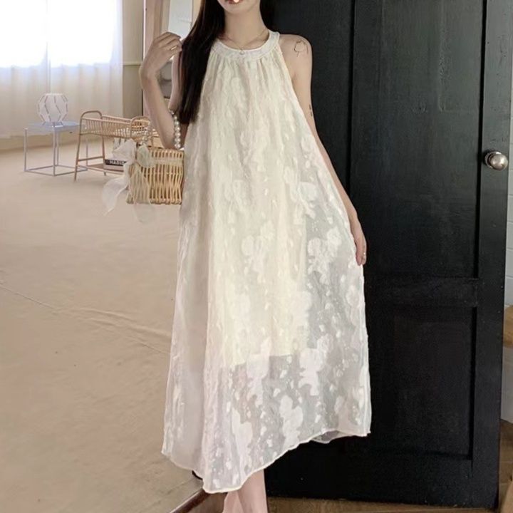 大人ワンピース ロング 立体刺繍ホルターネックロングワンピース