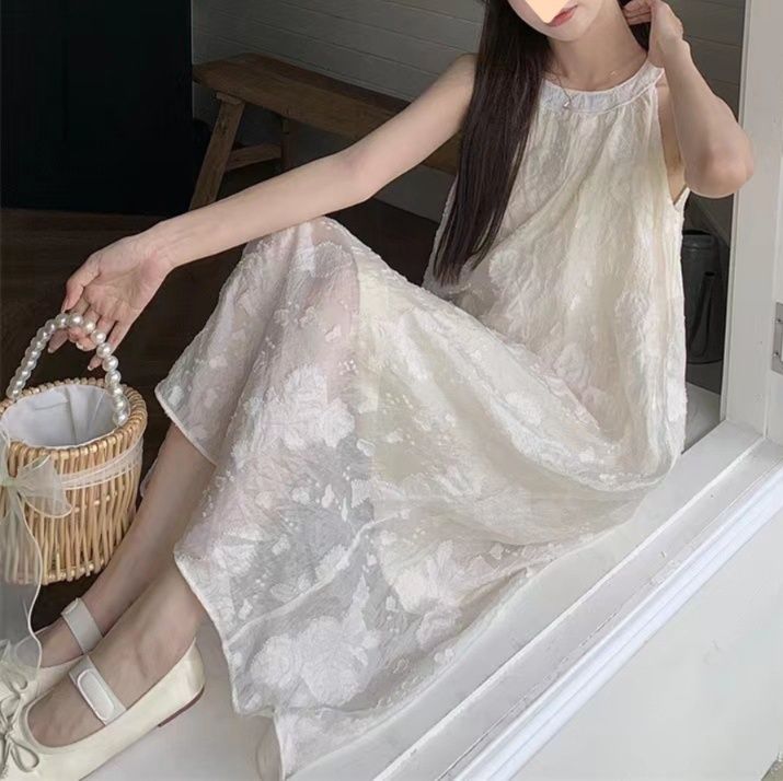 大人ワンピース ロング 立体刺繍ホルターネックロングワンピース