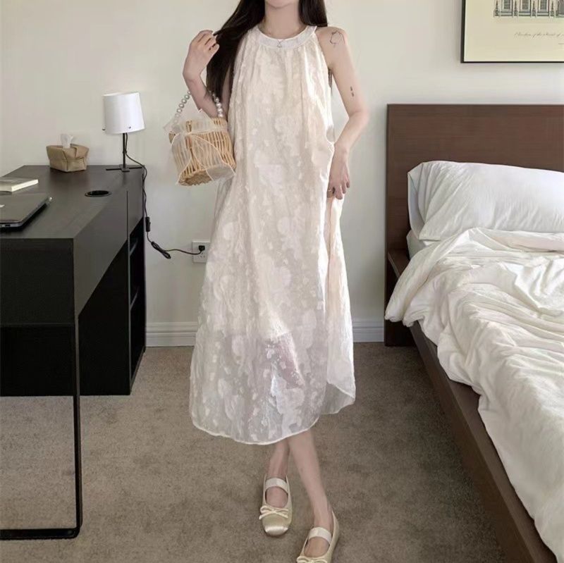 大人ワンピース ロング 立体刺繍ホルターネックロングワンピース
